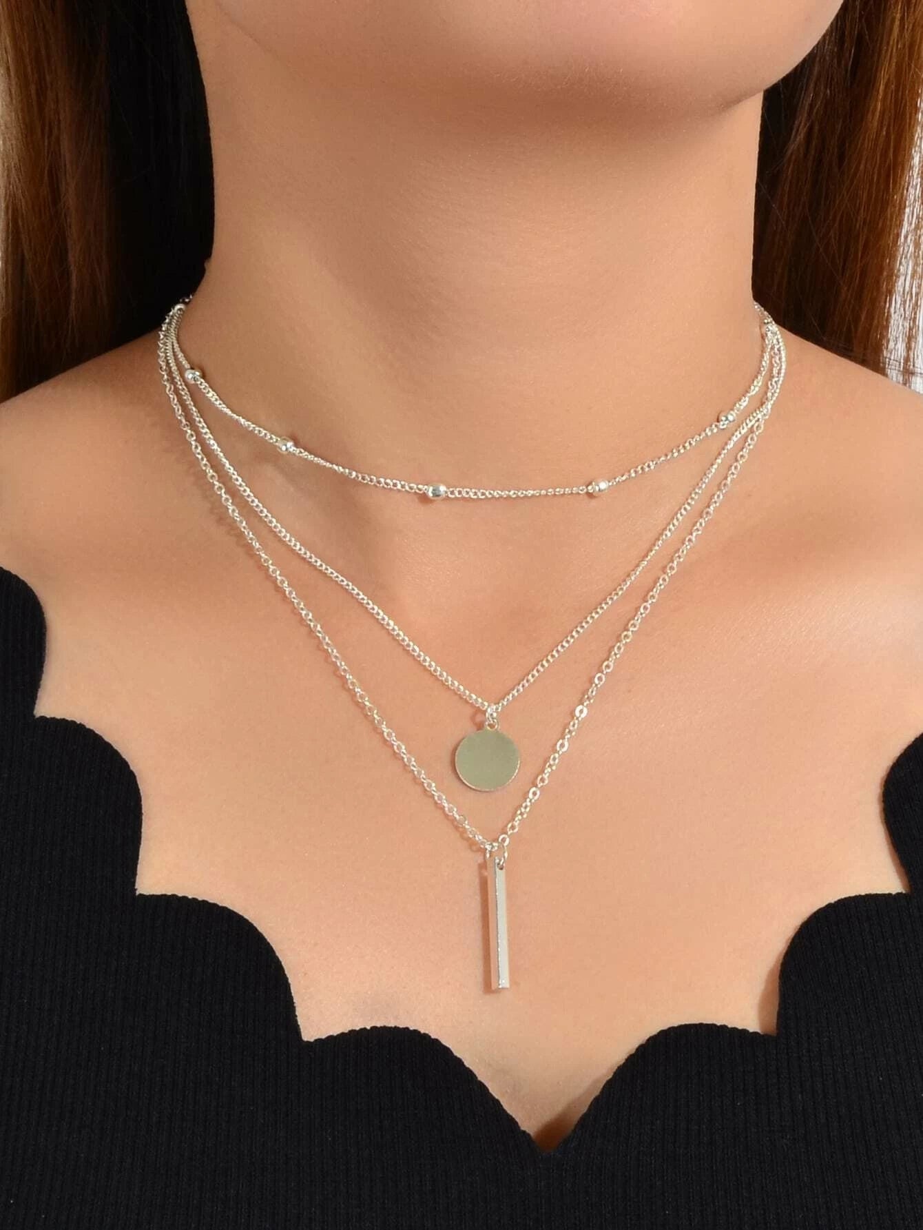 Boho Multi-Layer 3pcs Bar Disc Charm Metal Round Beads Chain Choker Necklace-4