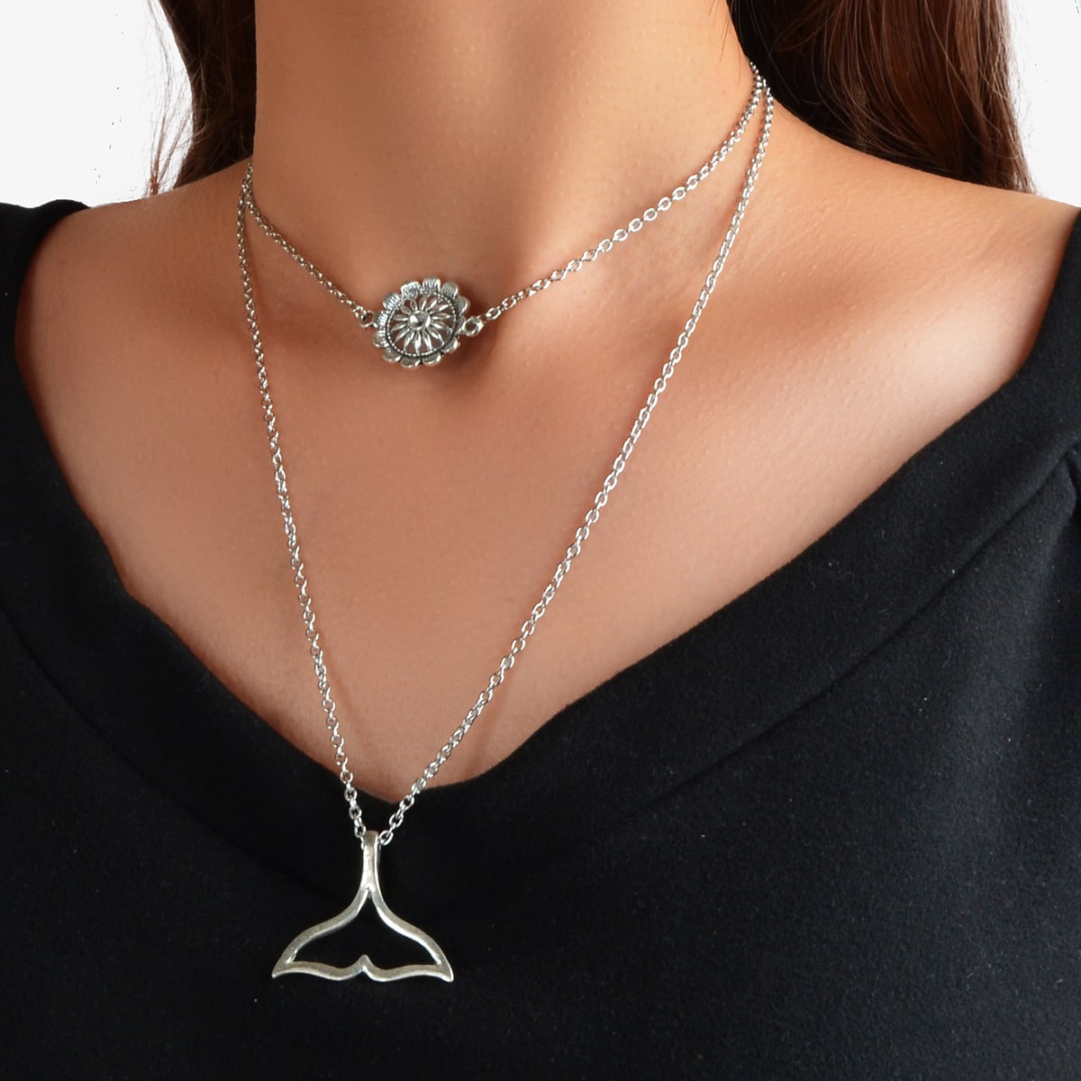 Bohemian Beach Jewelry Silver Layering Chain Choker Mermaid Tail Charm Necklace-0