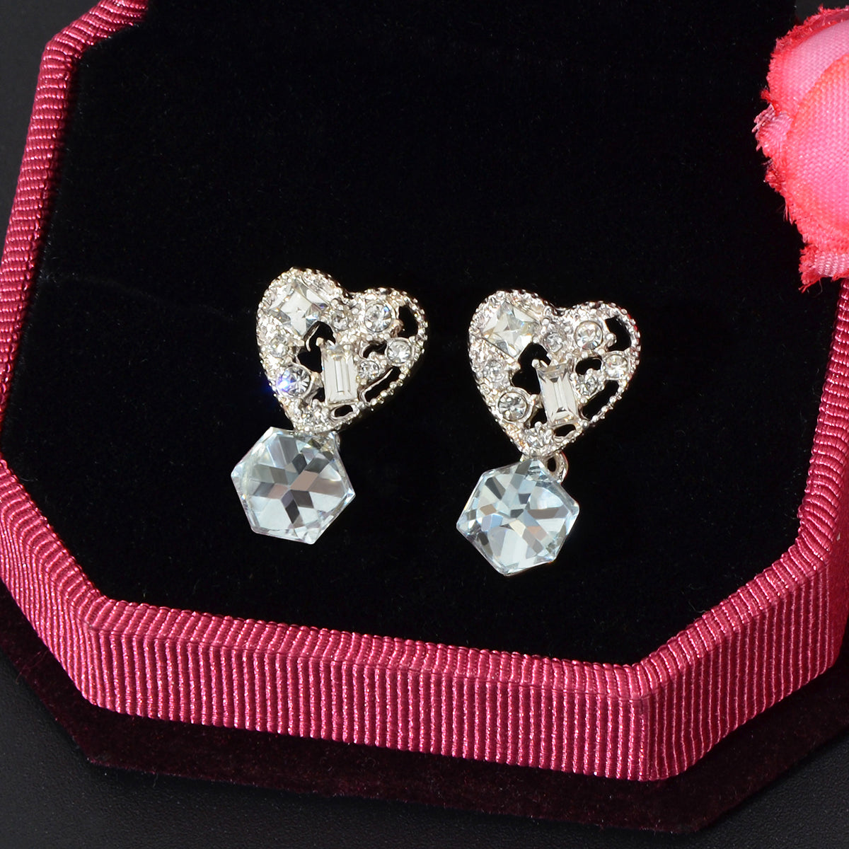 Sweet Textured Shining Crystal Decor Pink Heart Drop Earrings Women Girls Gifts-4