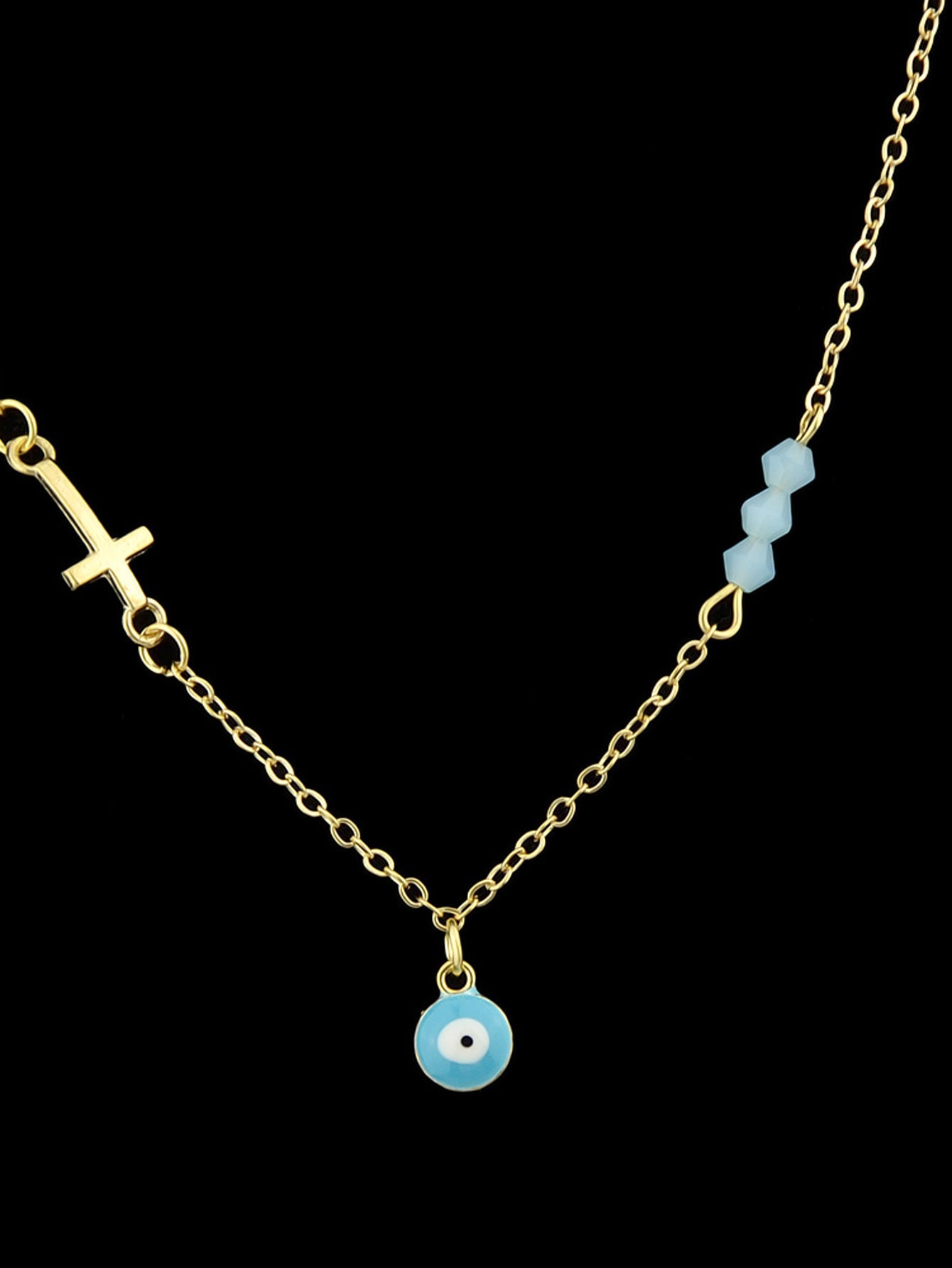 Boho Chic Chain Blue Beads Cross Round Eye Charm Necklace Girls Ethnic Jewellery-3