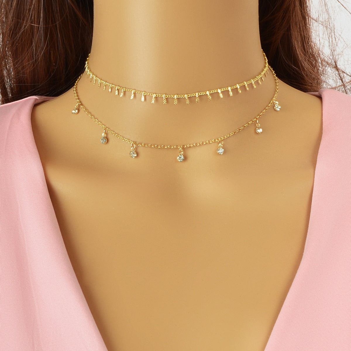2 pcs Rhinestone Charm Layering Chain Necklace Personalized Women Choker-4