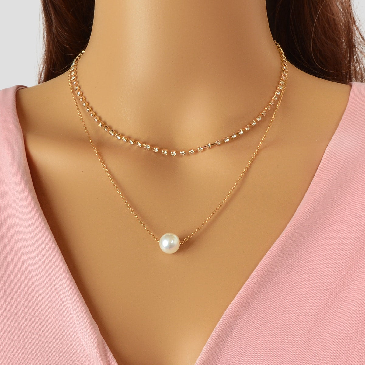 Double Layered Necklace Adjustable Simple Chain Multilayer Rhinestone Collar-4