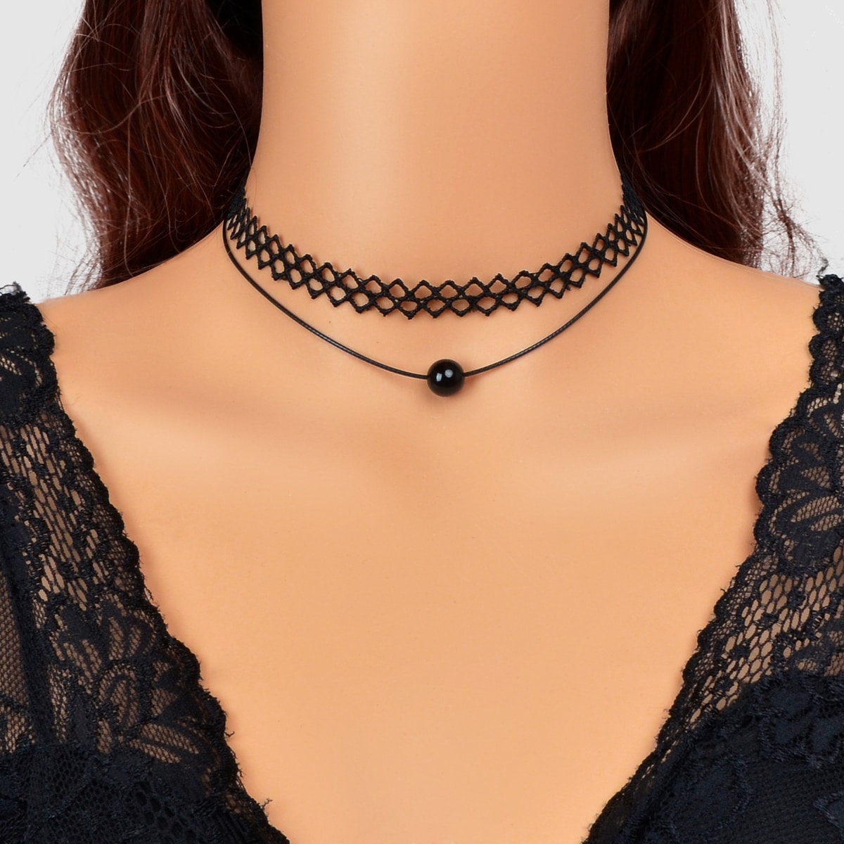 Double Layered Black Lace Short Necklace Elegant Gothic Style Choker-0