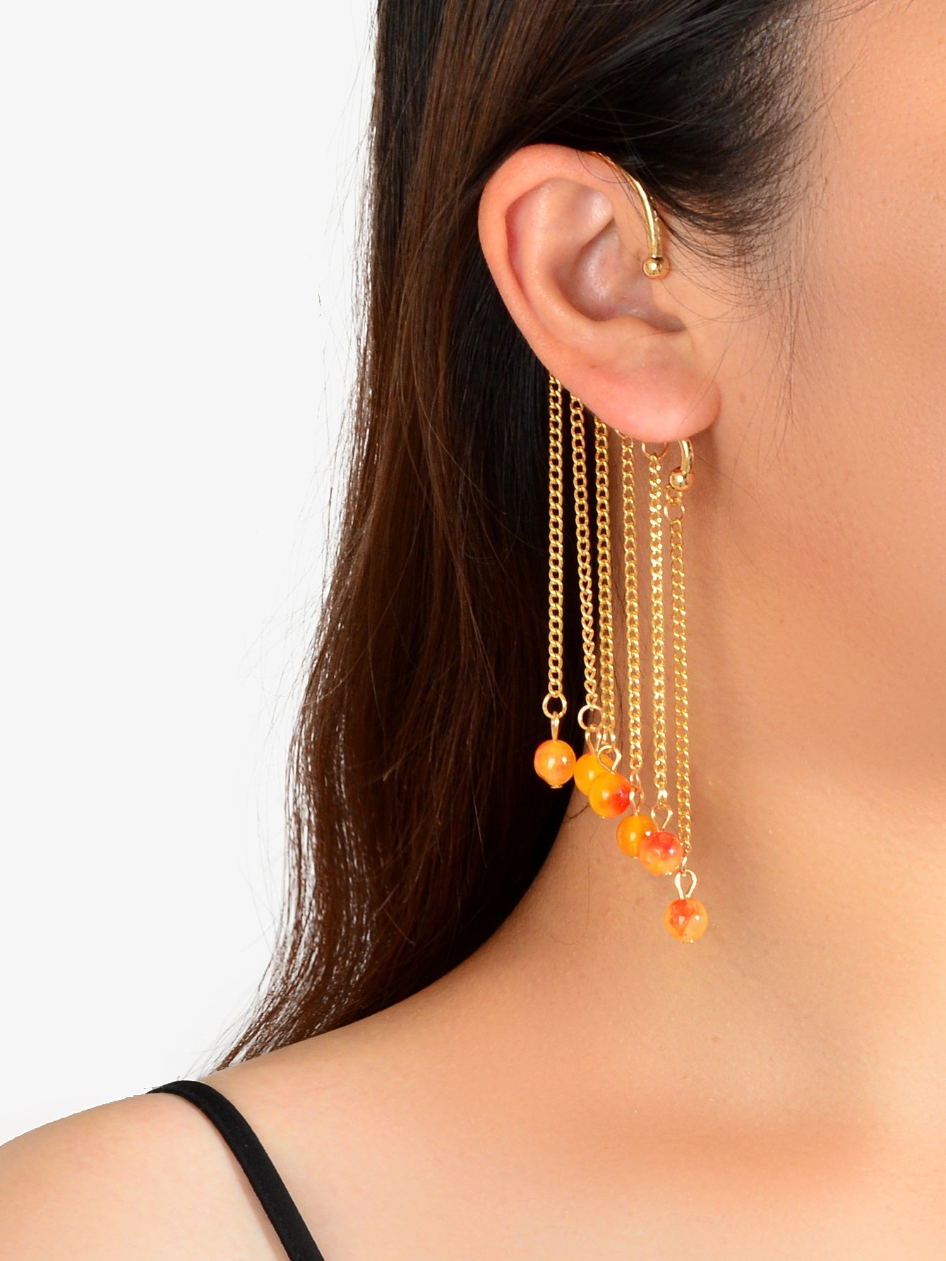 1pc Cartilage Jewellery Long Chain Tassel Orange Beads Charm Cuff Women Earrings-0