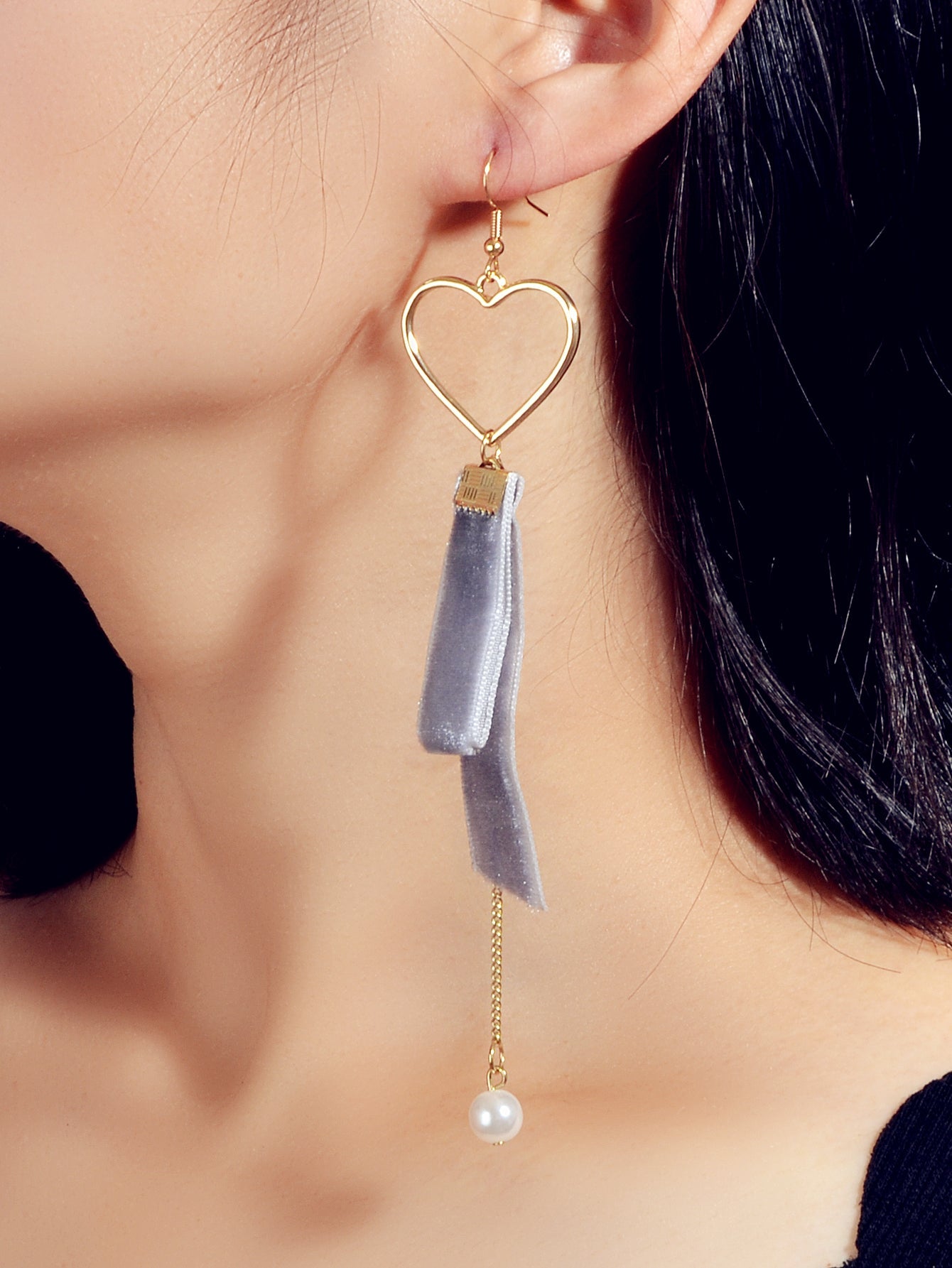 Gold Heart Velvet Decor Pearl Charm Long Chain Pendant Earrings Retro Jewellery-4