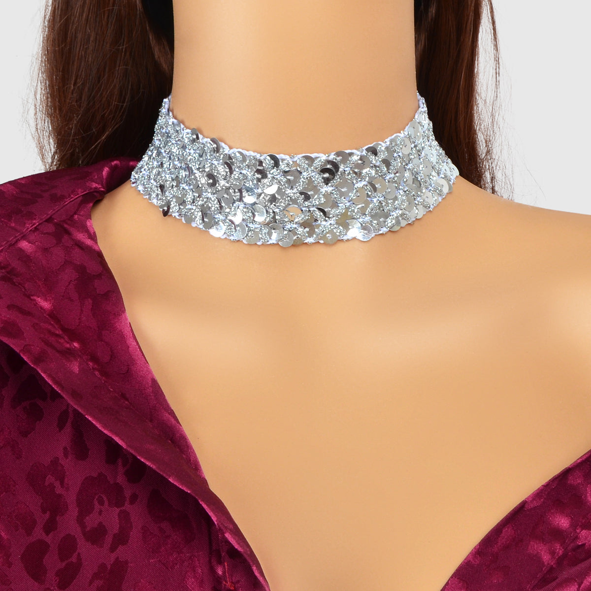 Shinny Wide Black Silver Sequin Choker Necklace Short Collar Costume Jewellery-0