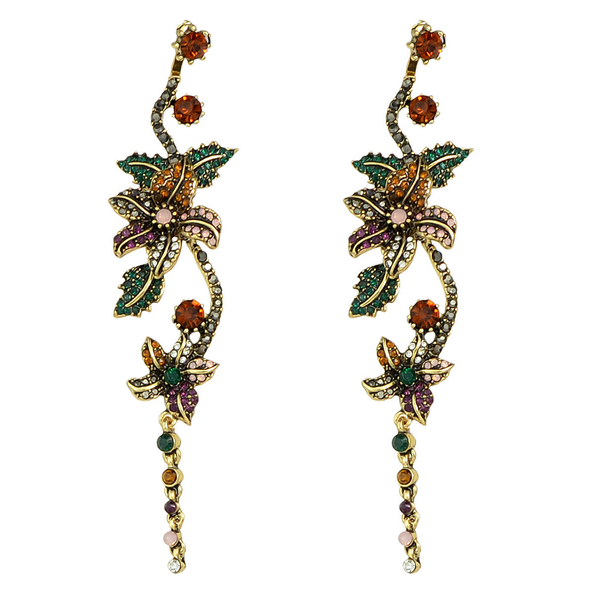 Vintage Luxurious Colourful Rhinestone Antique Gold Flower Long Pendant Earrings-0