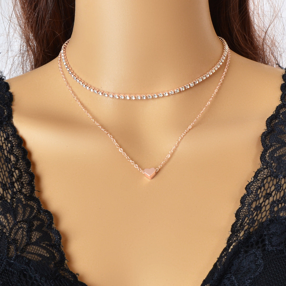 2 pcs Full Rhinestone Short Choker Heart Pendant Trendy Layered Dainty Necklace-5