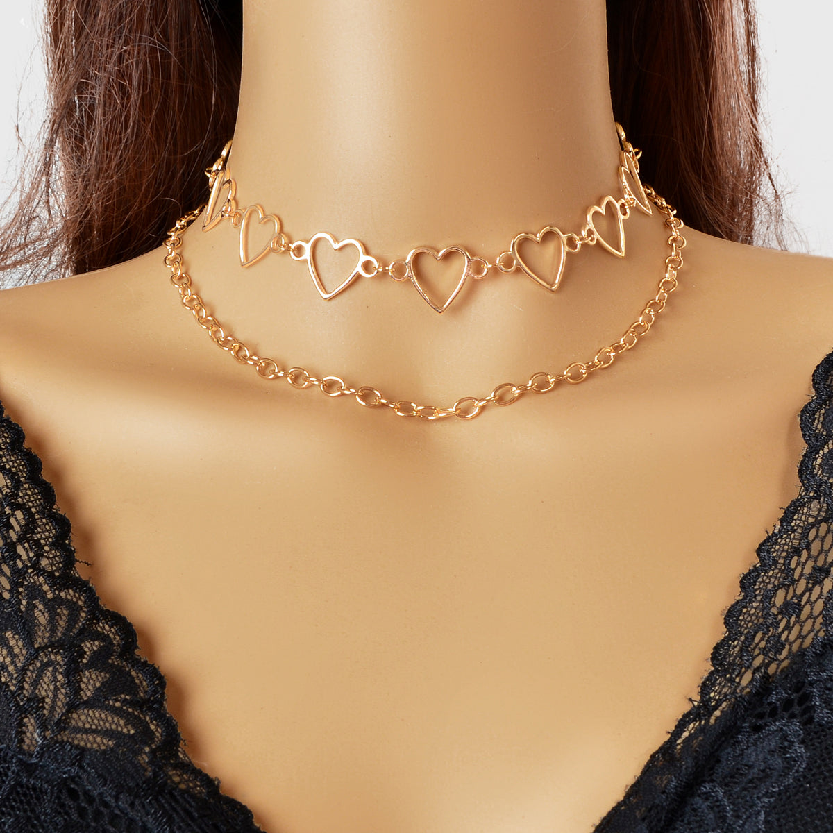 2pcs Gold Hollow out Heart Double layer Chain Clavicle Necklace Trendy Jewellery-0