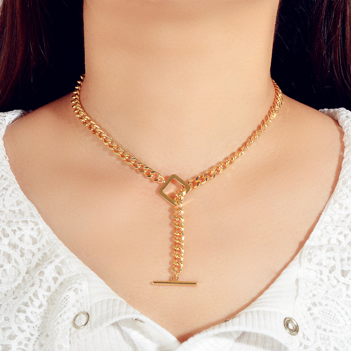 Punk Statment Jewelry Crude Y Lariat Chain Minimalist Square Collar Necklace-4