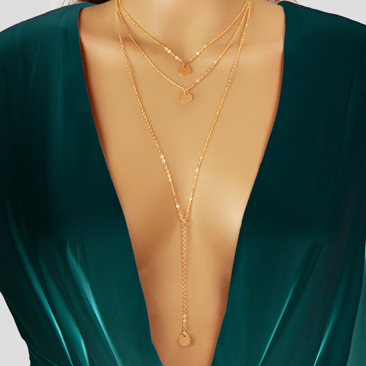 Boho Chic Multi-layer Gold Silver Chain Disc Pendant Long Lariat Y Drop Necklace-0