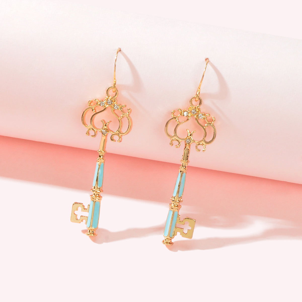 Personality Gold Colour Blue Enamel Dangling Drop Magic Key Earrings Party Gift-0