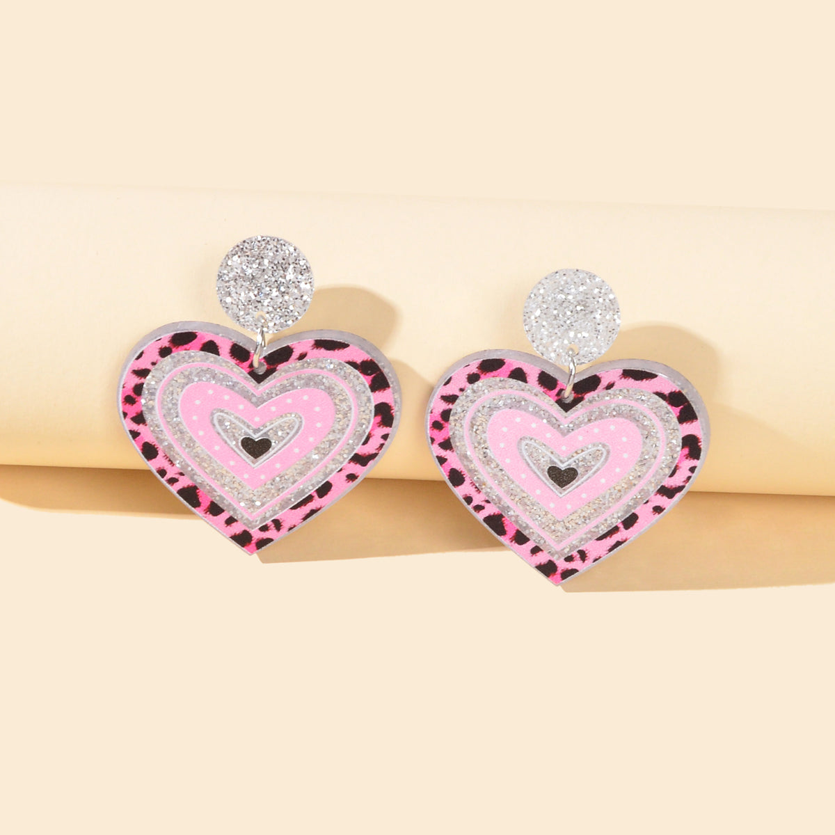 Acrylic Pink Leopard Heart Hanging Resin Chunky Earrings for Party or Vacation-0