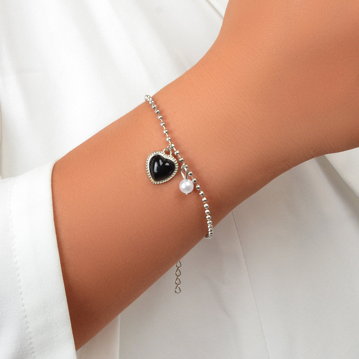 Girlfriend Gift Jewellery Silver Popcorn Chain Pearl Black Heart Charm Bracelets-0