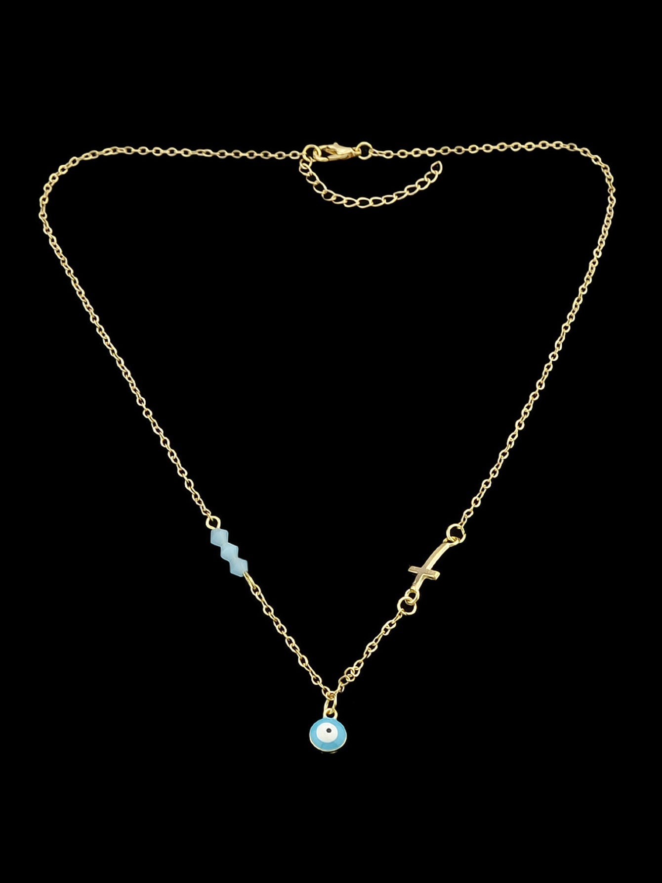 Boho Chic Chain Blue Beads Cross Round Eye Charm Necklace Girls Ethnic Jewellery-4