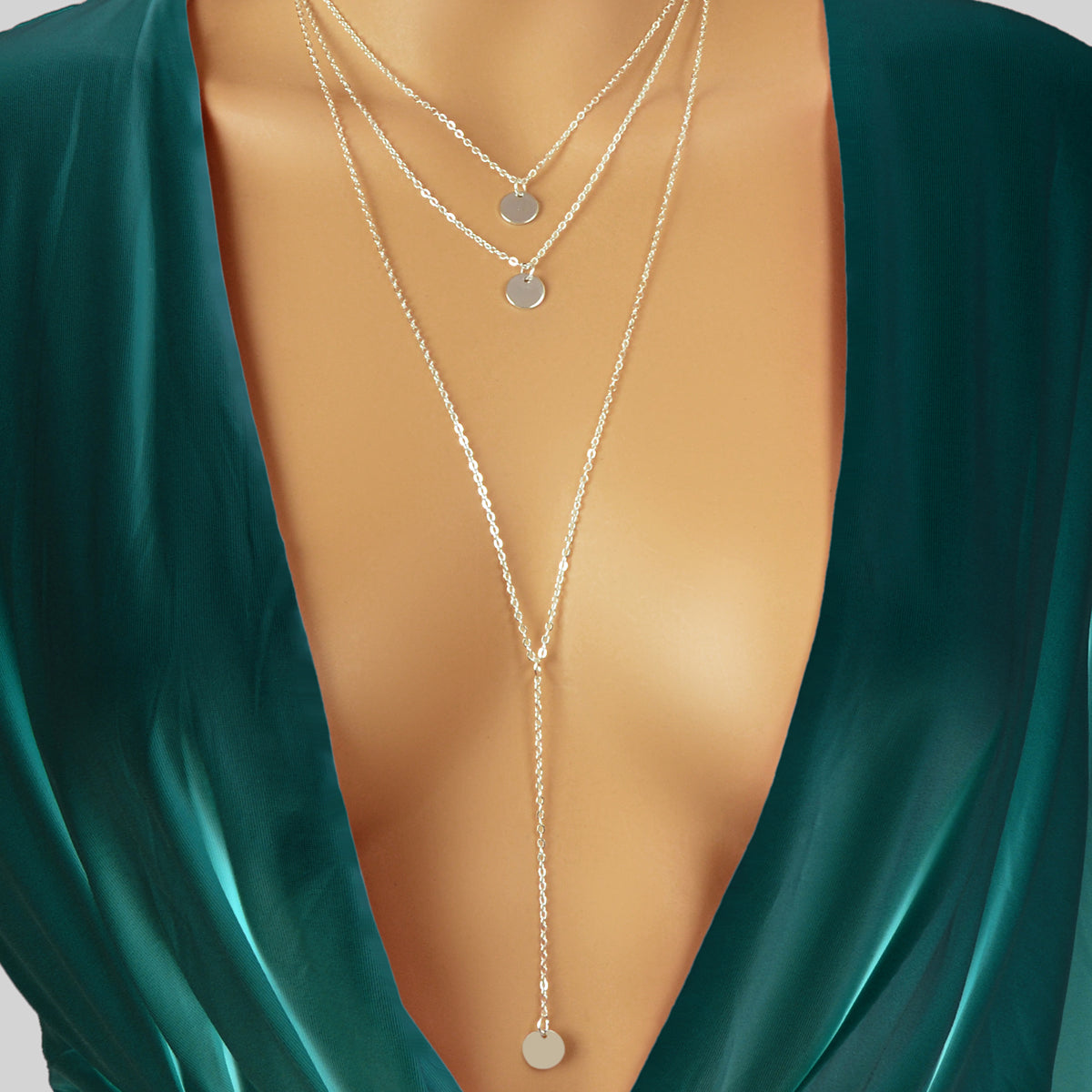 Boho Chic Multi-layer Gold Silver Chain Disc Pendant Long Lariat Y Drop Necklace-3
