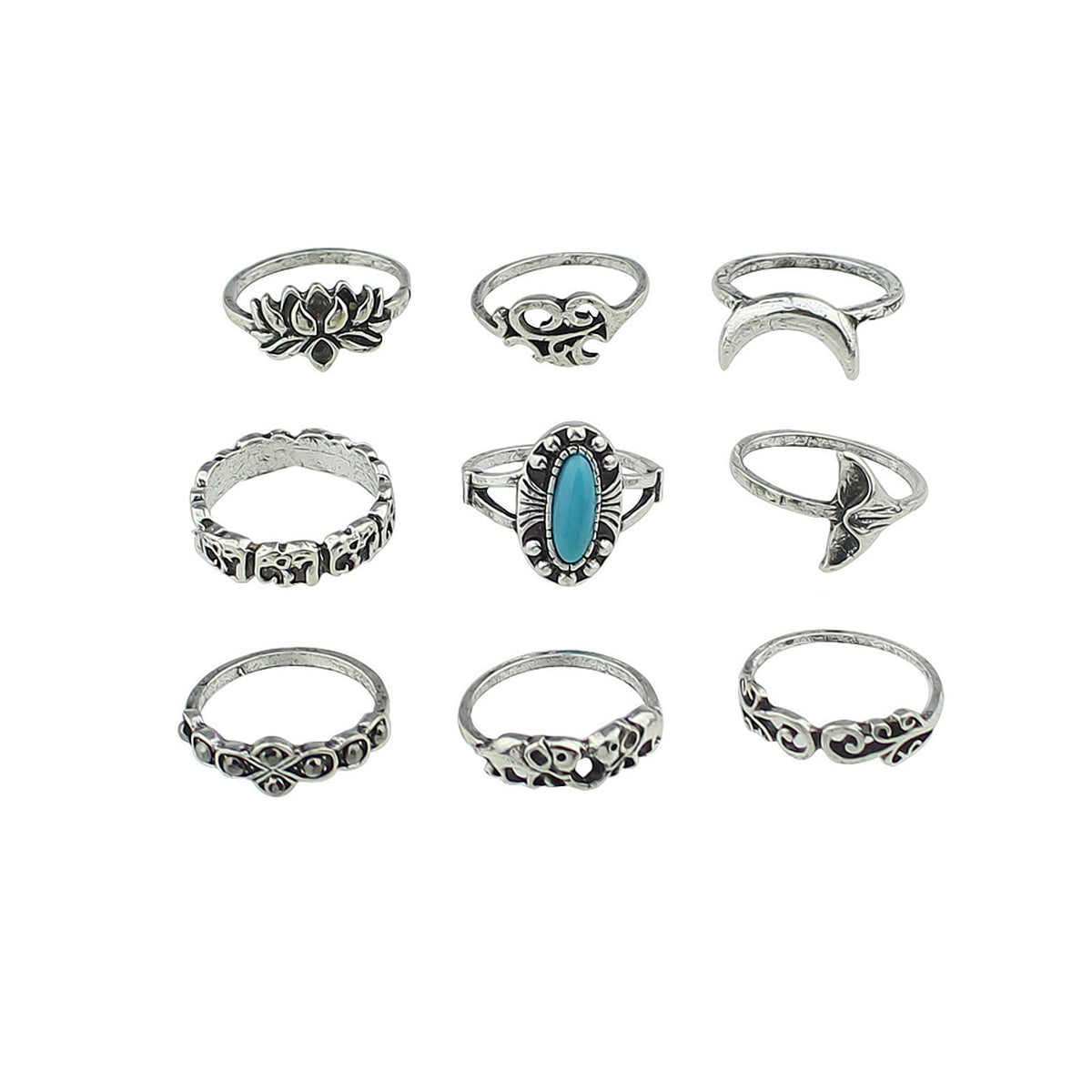Stackable 9pcs Tribal Ethnic Lotus Elephant Moon Flower Multiple Bulk Rings set-3