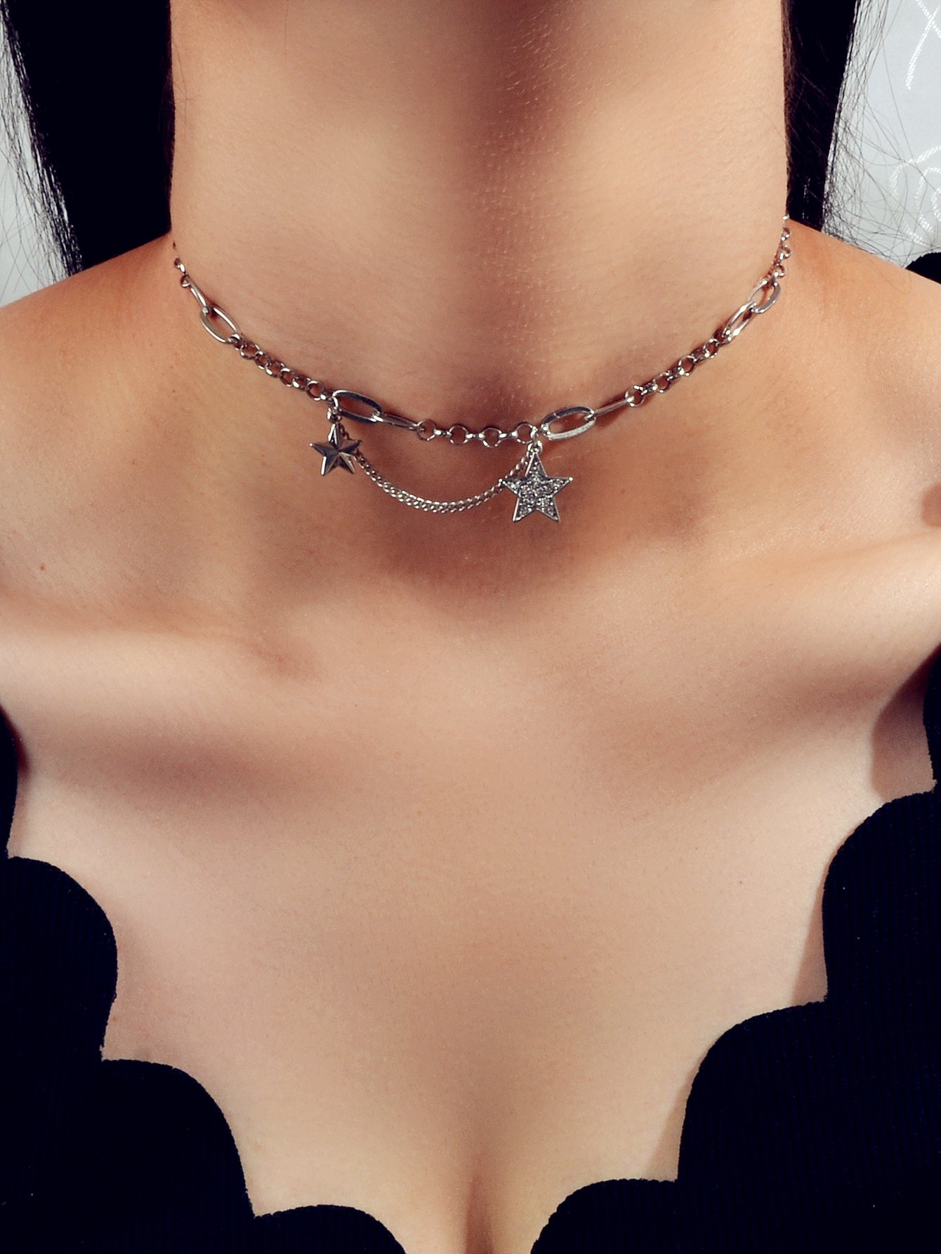 Retro Silver Trendy Paperclip Chain Rhinestone Star Charm Short Collar Necklace-1