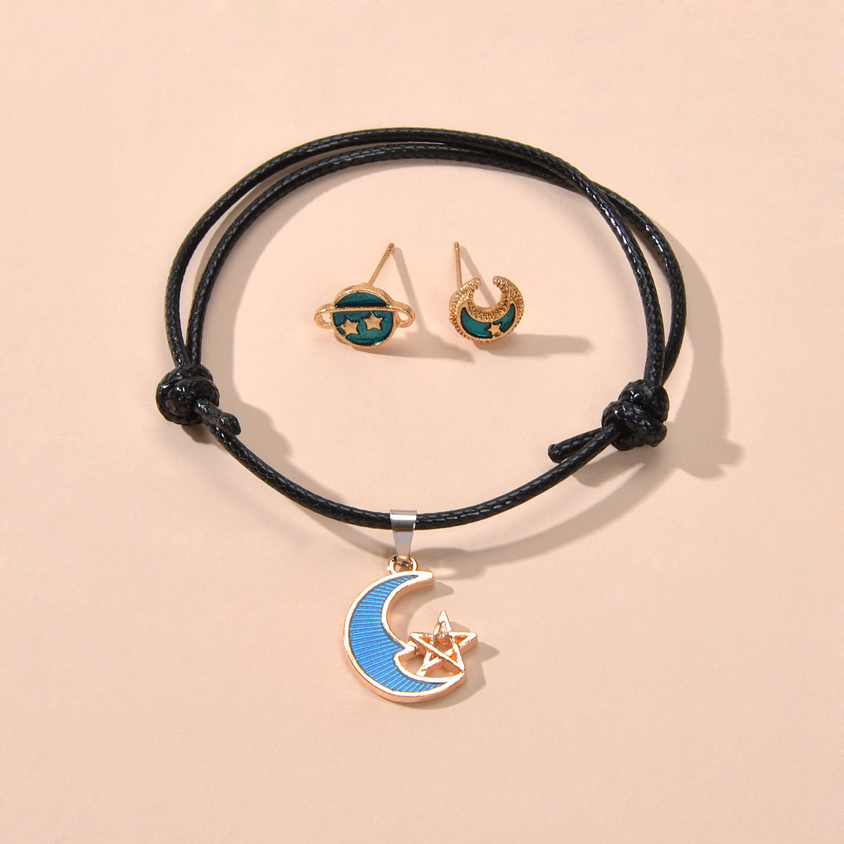 Jewellery set Black Pu Leather Star Moon Charm Adjustable Bracelet Stud Earrings-0