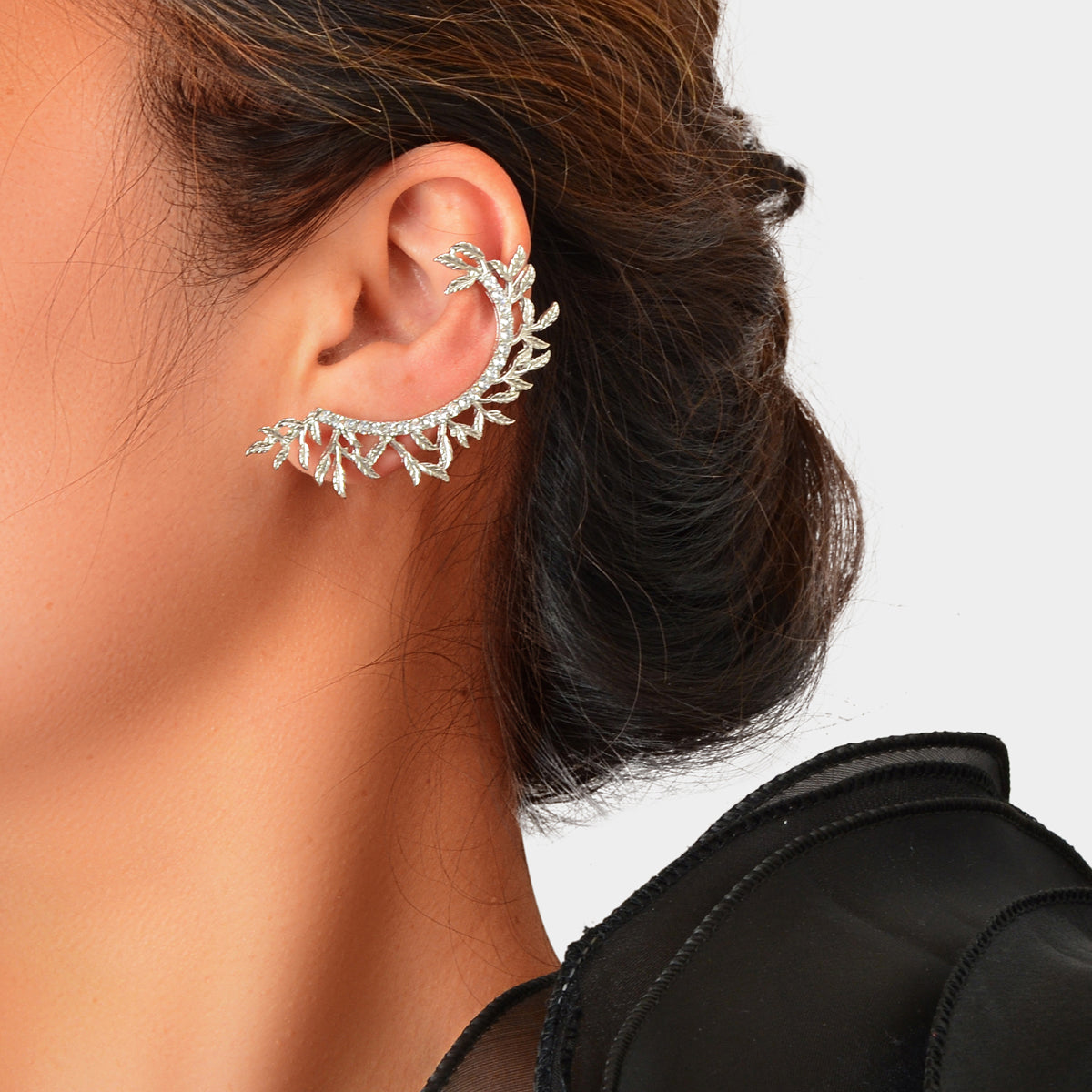 1 pc Rhinestone Decor Leaf Design Wrap Around Clip Earrings Cartilage Ear Cuff-4