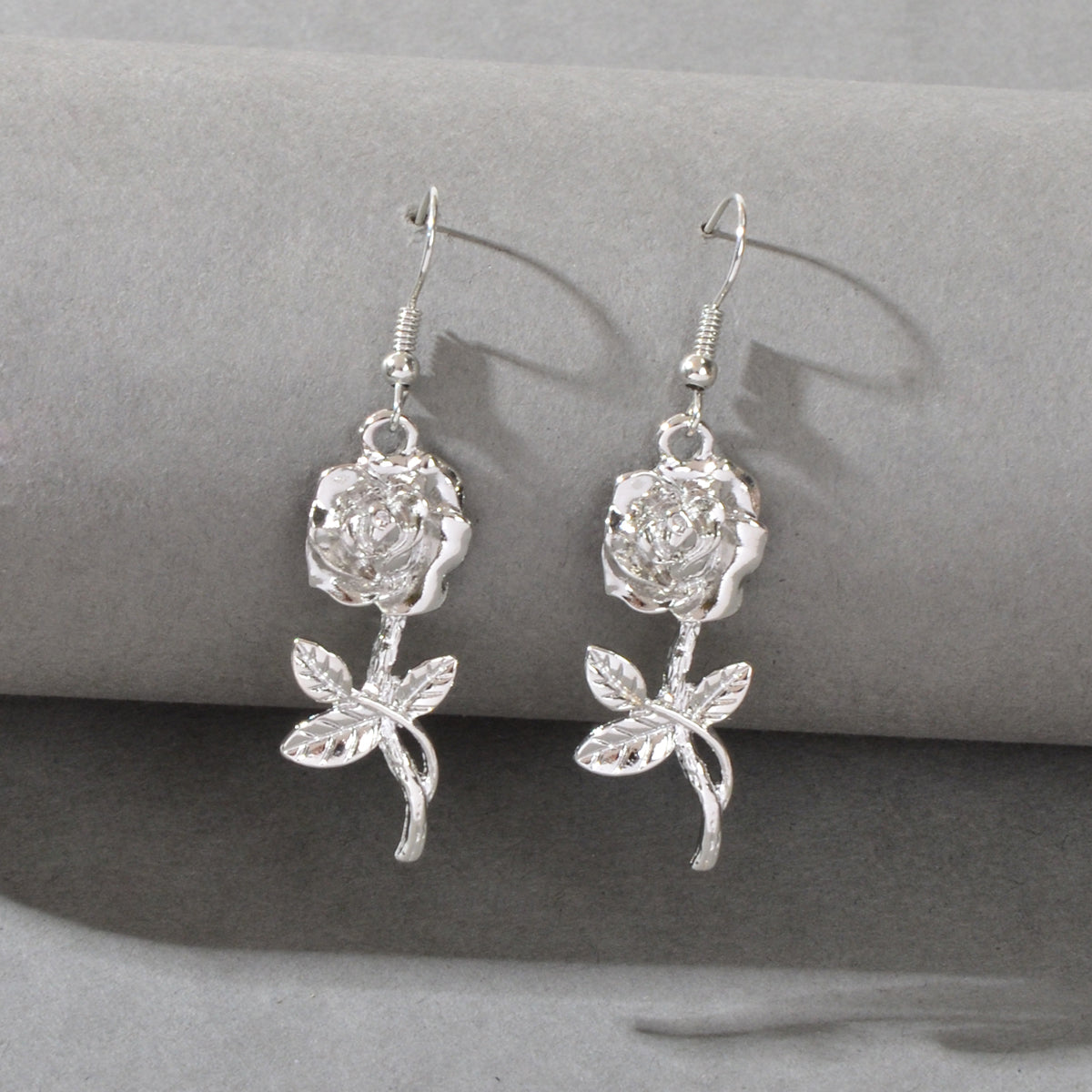 Party Decoration Women Silver Plated Flower Rose Carved Dangle Pendant Earrings-0