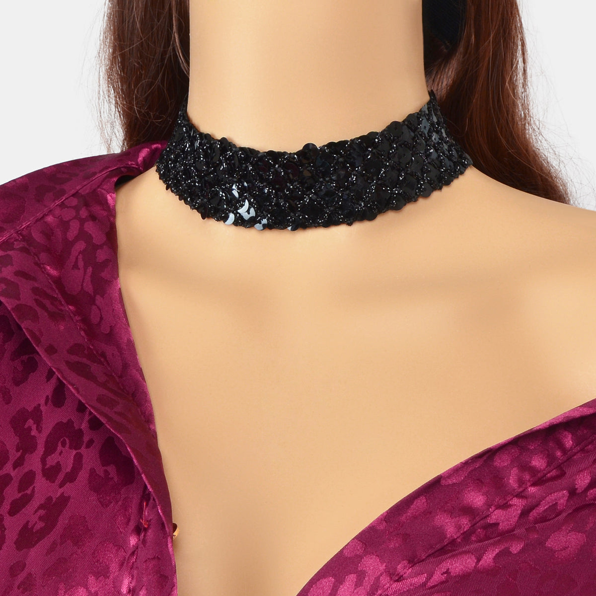 Shinny Wide Black Silver Sequin Choker Necklace Short Collar Costume Jewellery-4
