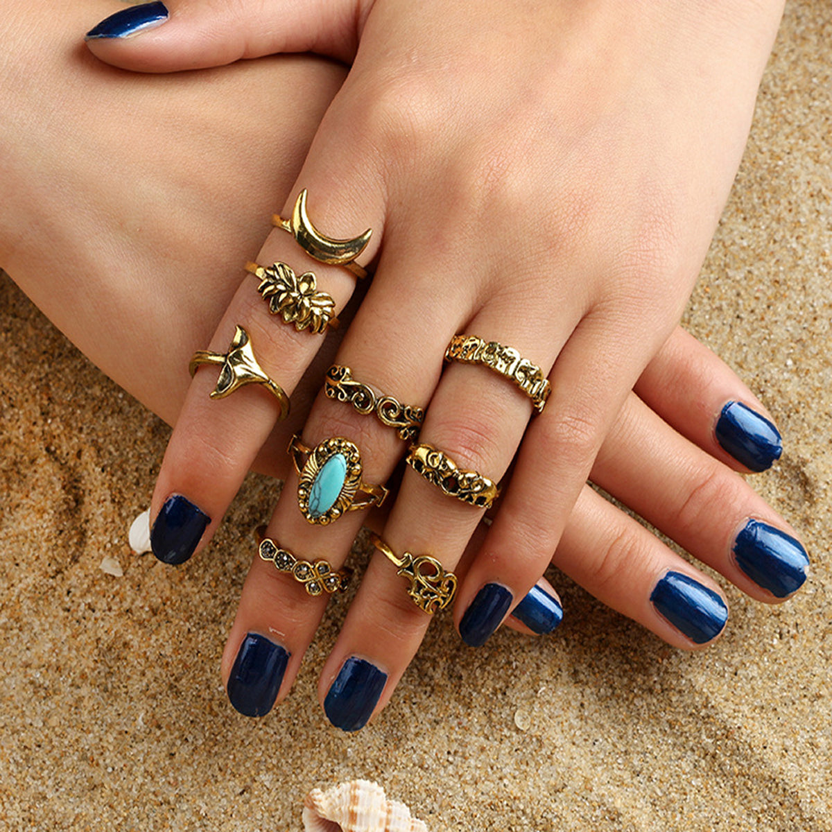 Stackable 9pcs Tribal Ethnic Lotus Elephant Moon Flower Multiple Bulk Rings set-0
