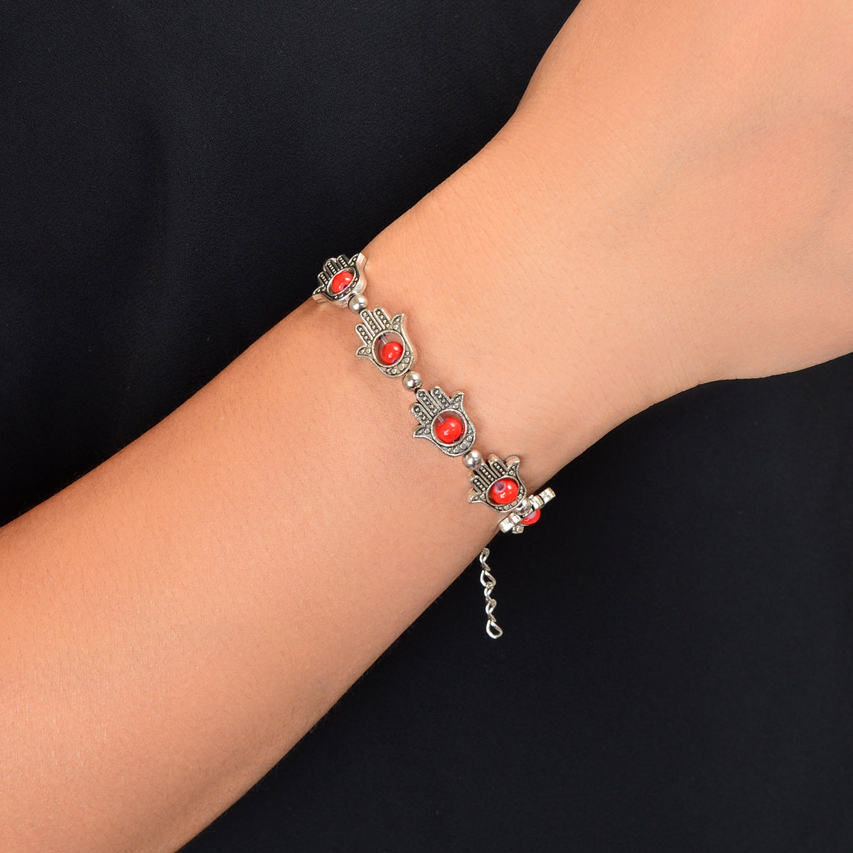 Ethnic Jewellery Vintage Handmade Blue Red Beaded Antique Silver Hand Bracelet-4
