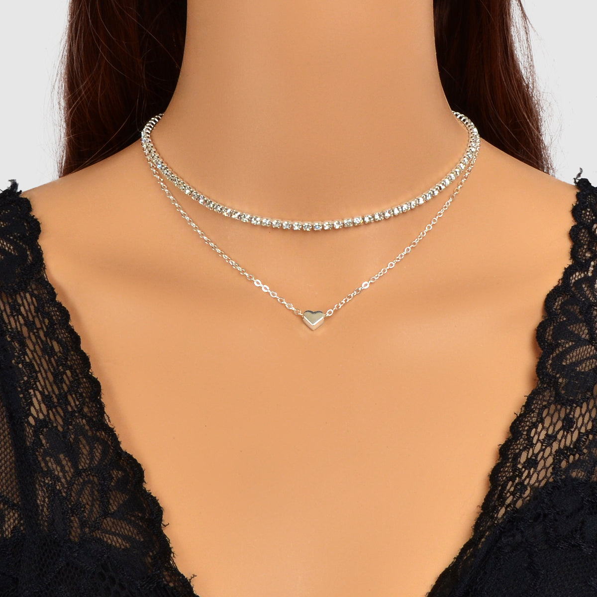 2 pcs Full Rhinestone Short Choker Heart Pendant Trendy Layered Dainty Necklace-4