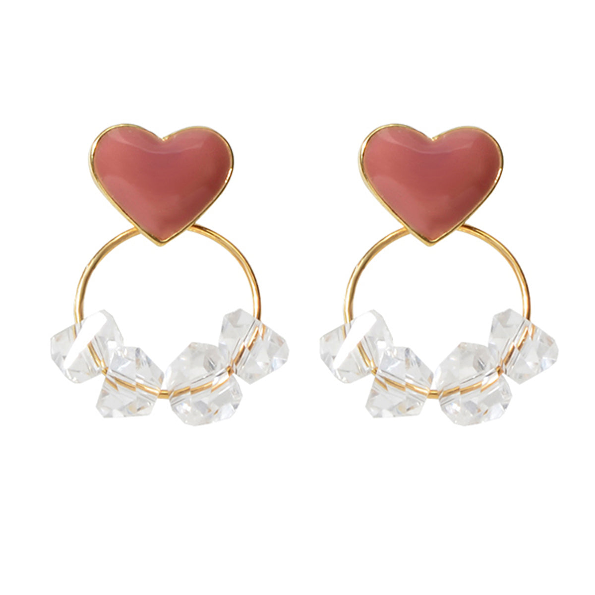 Trendy Ladies Jewellery Transparent Beads Gold Circle Red Heart Stud Earrings-3