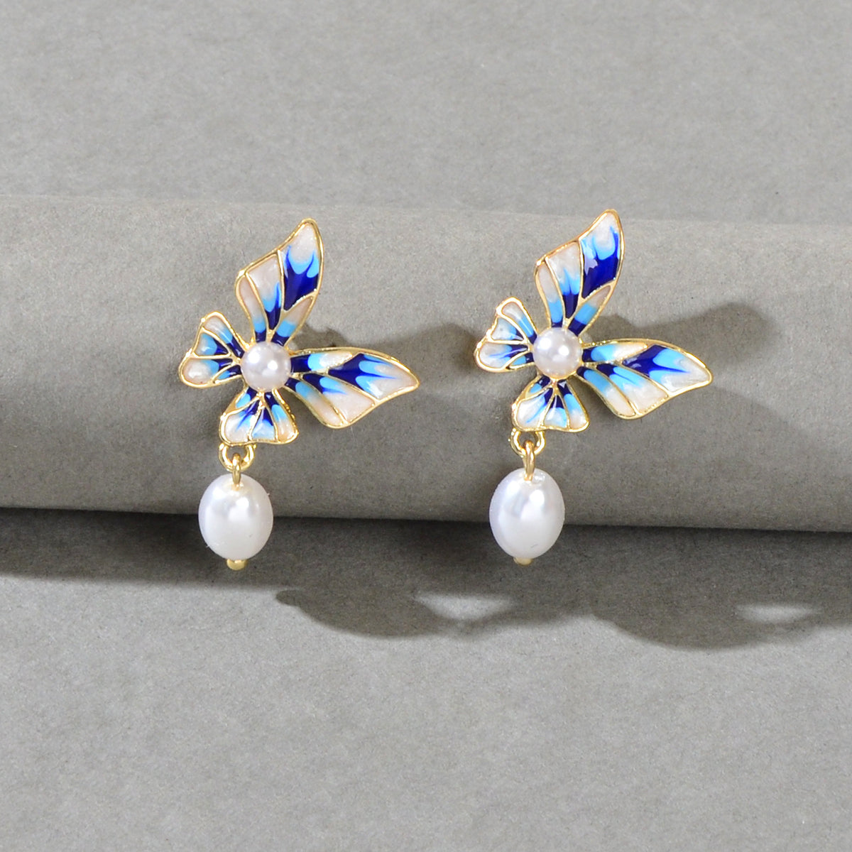 Trendy Dangle Pearl Blue White Enamel Butterfly Hypoallergenic Pierced Earrings-0
