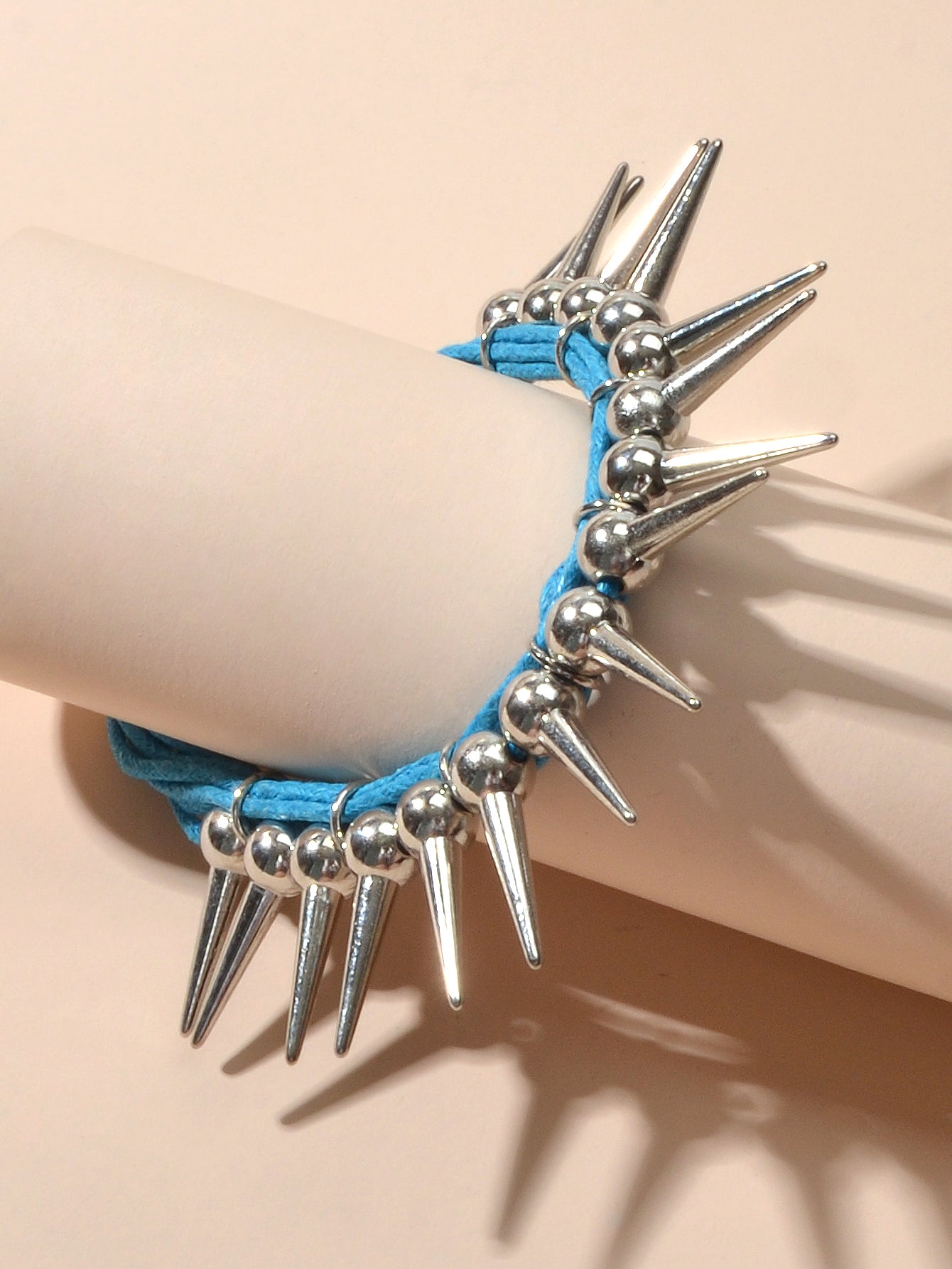 Grunge Punk Rock Jewelry Blue Pu Leather Multi-layer Chain Silver Spike Bracelet-0
