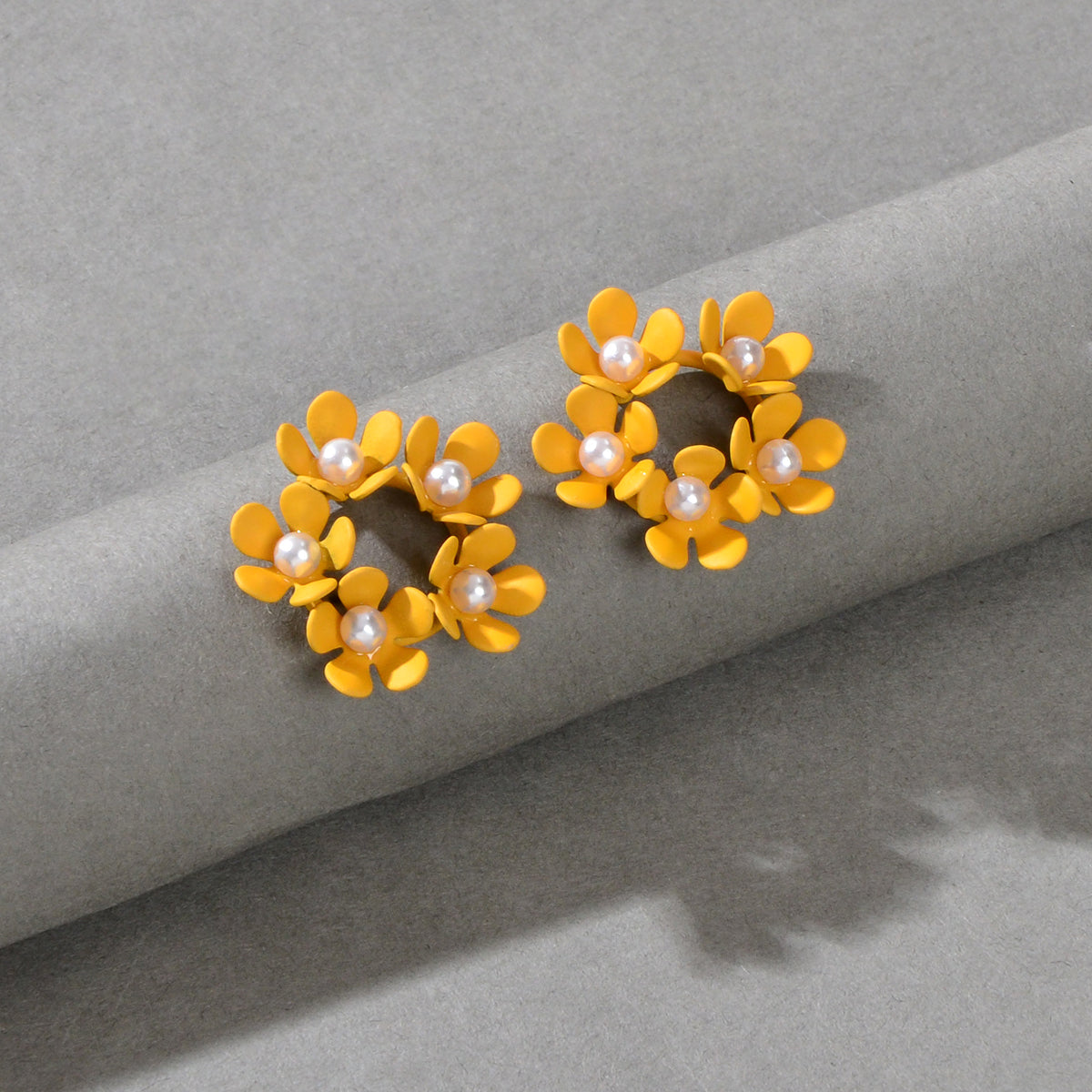Delicate Pearl Decoration Yellow Flower Stud Hypoallergenic Small Women Earrings-0