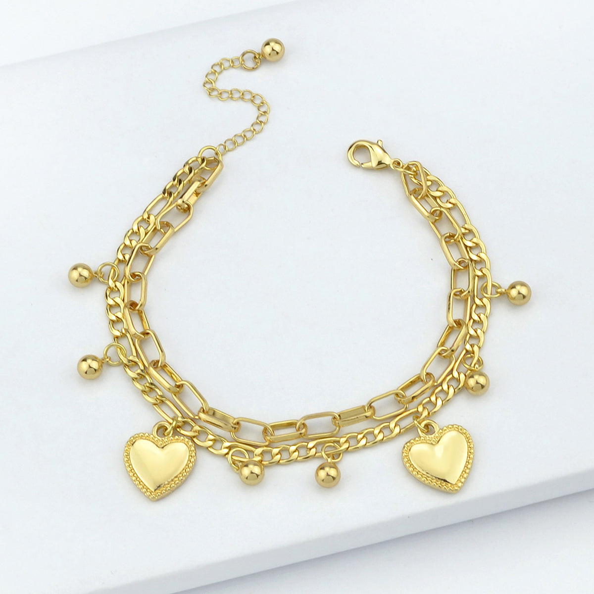 Ladies Jewellery Double layer Gold Silver Paperclip Chain Beads Heart Bracelet-0