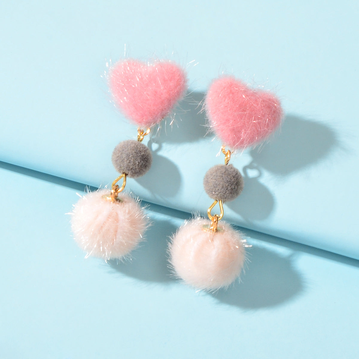Colorful Faux Fur Ball Pom Pom Heart Dangle Earrings Gift for Christmas New Year-0