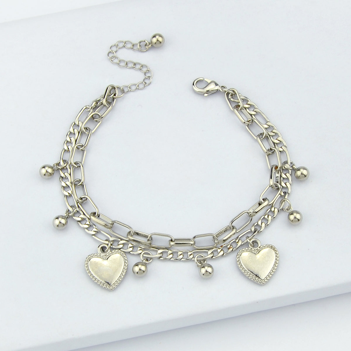 Ladies Jewellery Double layer Gold Silver Paperclip Chain Beads Heart Bracelet-5
