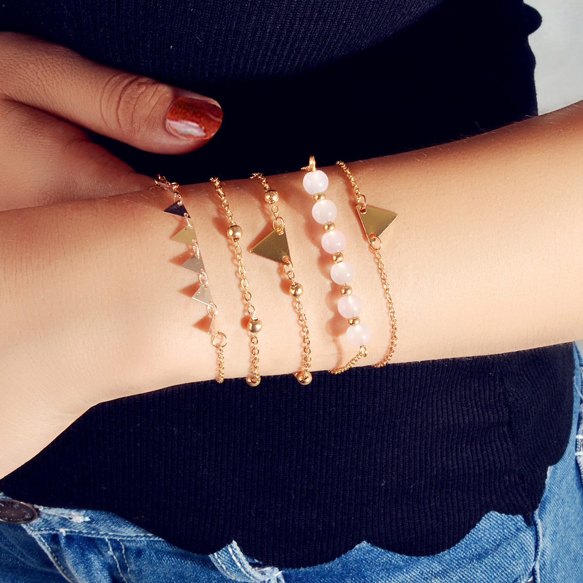 5pcs Gold Color Chain Pink Beads Triangle Decor Bracelet set Boho Chic Jewellery-0