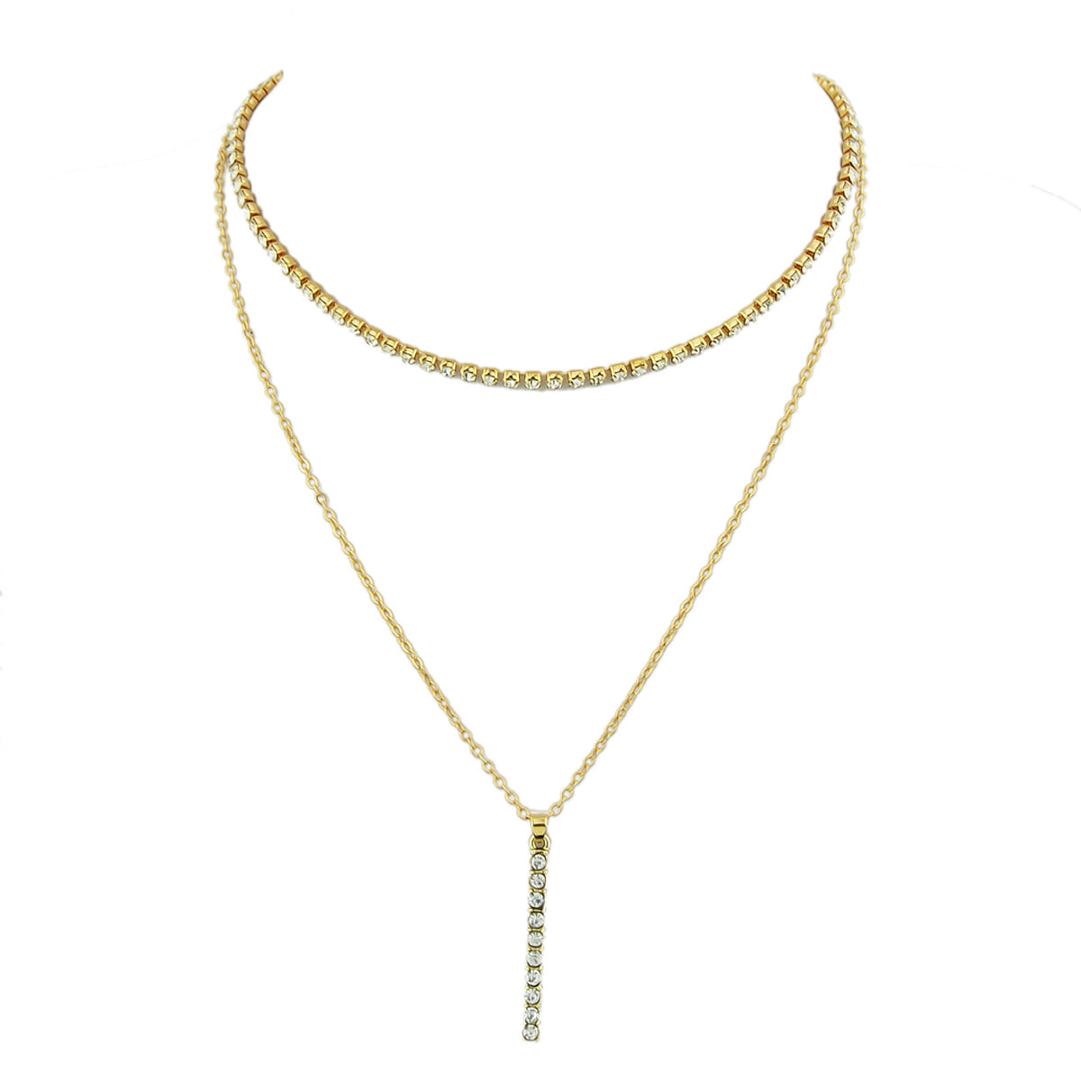Trendy Shining Full Rhinestone Gold Silver Double layer Chain Bar Charm Necklace-3