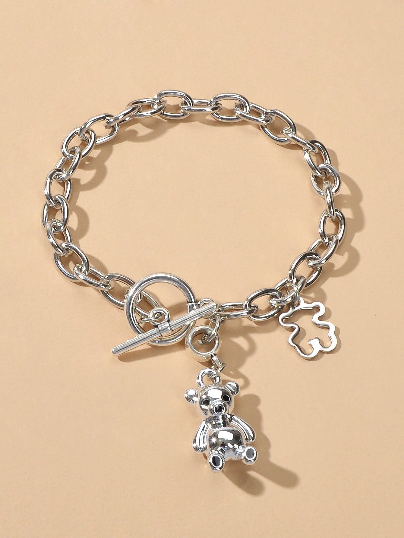 Designer Silver Bear Charm Dainty Cuban Chunky Link Paperclip Chain Bracelets-0