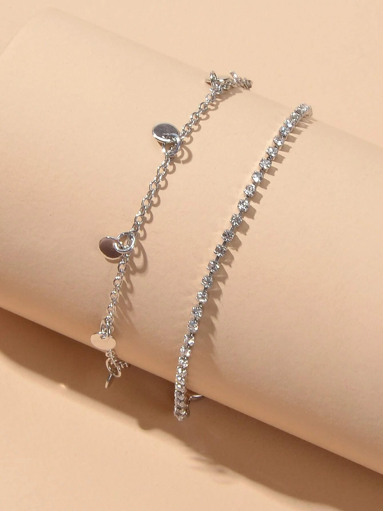 2pcs Women Rhinestone Gold Silver Chain Disc Charm Bracelet Fashion Accessories-4