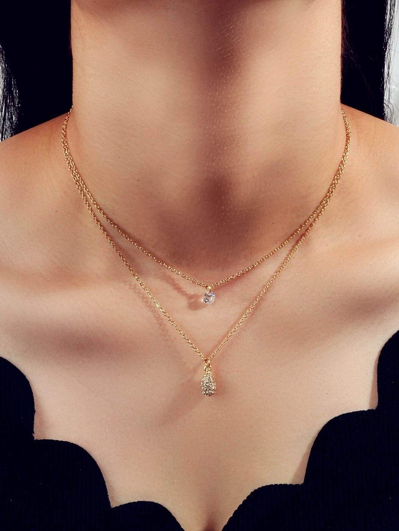 2 pcs Fashion Women Jewellery Rhinestone Decor Gold Chain Water Drop Necklace-0