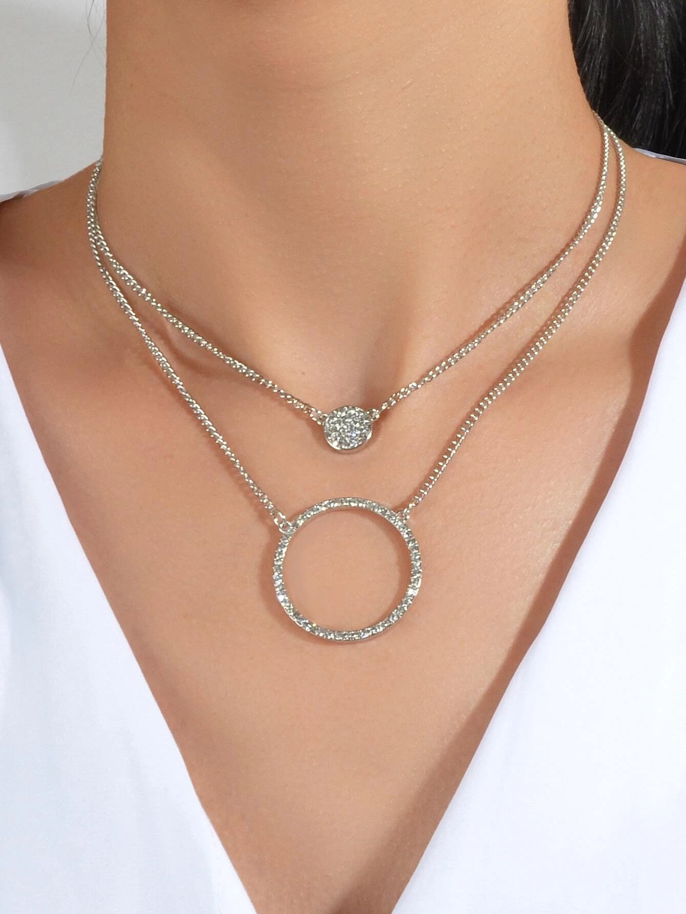 2 pcs Gold Silver Chain Rhinestone Round Circle Pendant Necklace Jewellery Gift-5