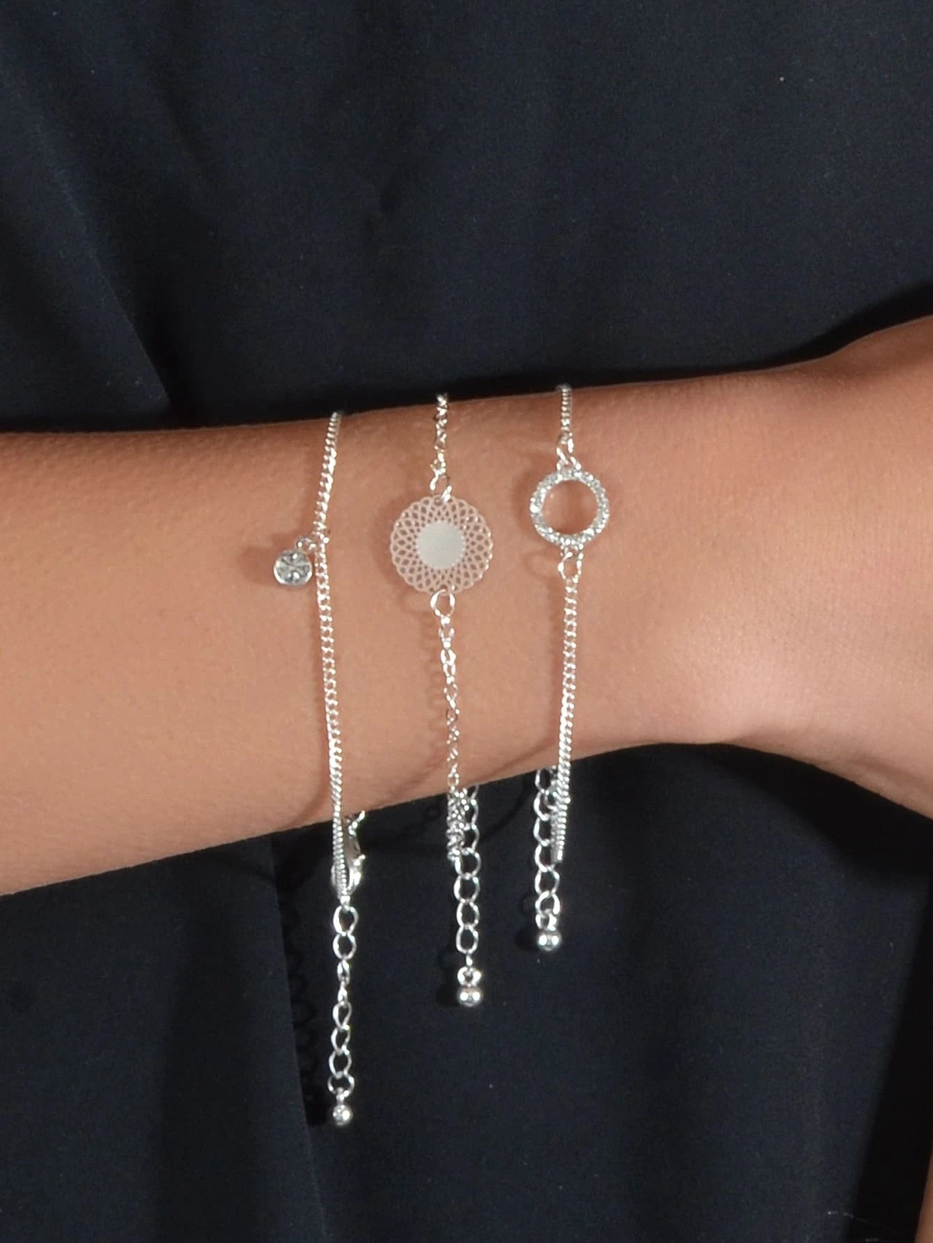 3 pcs/set Fashion Jewellery Silver Chain Rhinestone Circle Charm Bracelet Gift-0