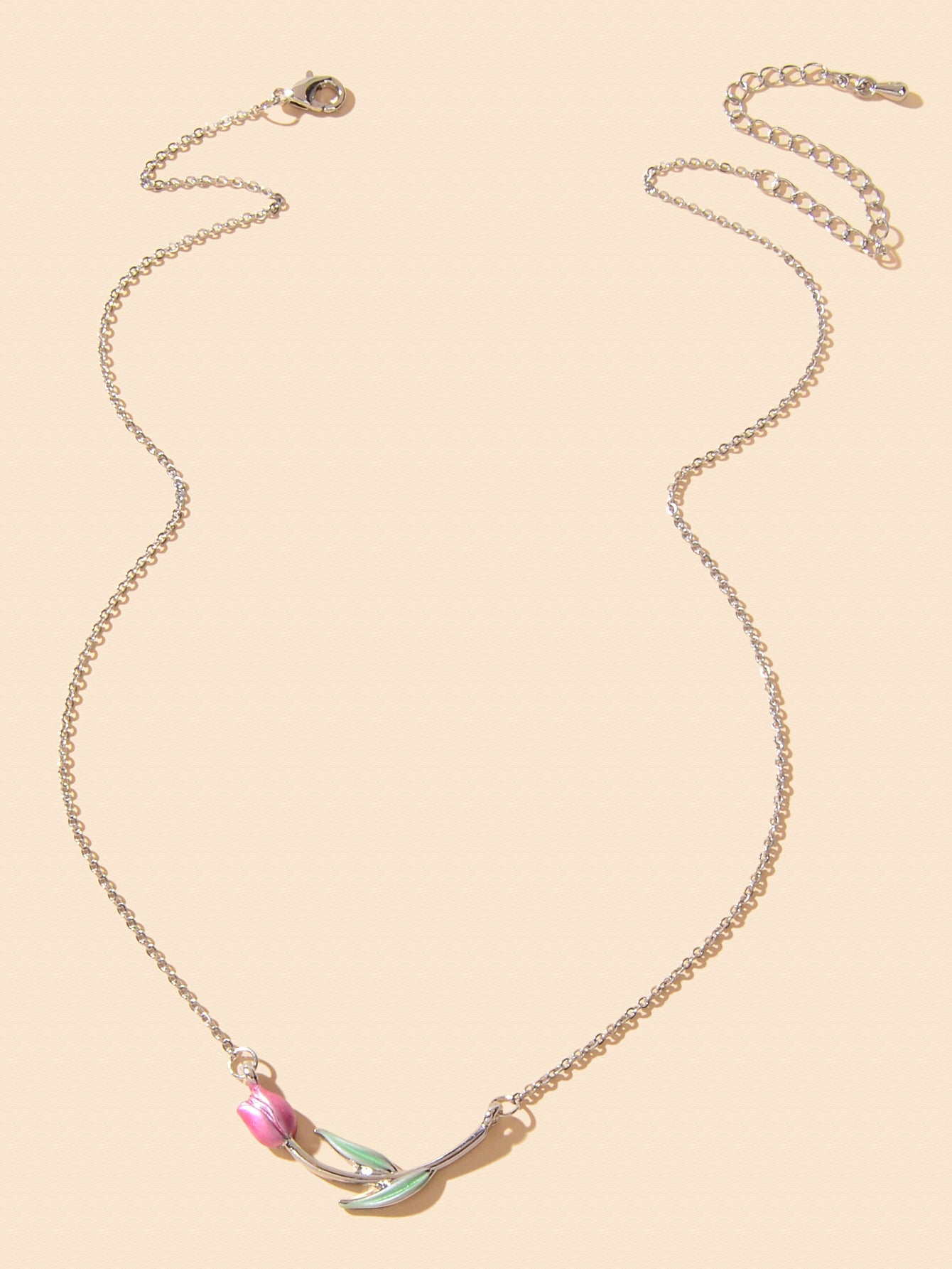 Elegant Silver Chain Green Leaf Pink Tulip Flower Pendant Anniversary Necklace-1