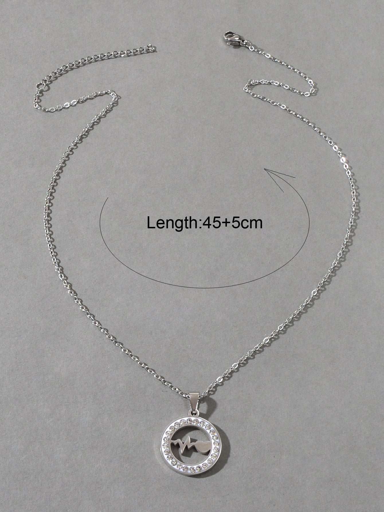 Silver Stainless Steel Rhinestone Decoration Circle Electrocardiogram Necklace-1