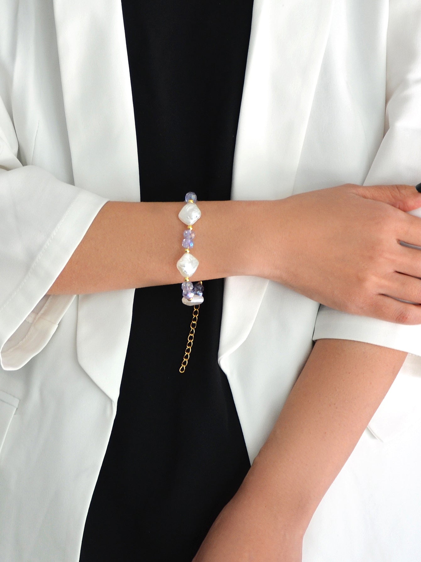 Textured Jewellery Pearl White Purple Beads Bracelet Wedding Party Accessories-1