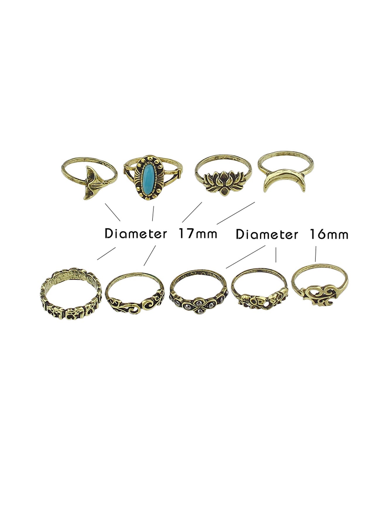 Stackable 9pcs Tribal Ethnic Lotus Elephant Moon Flower Multiple Bulk Rings set-1