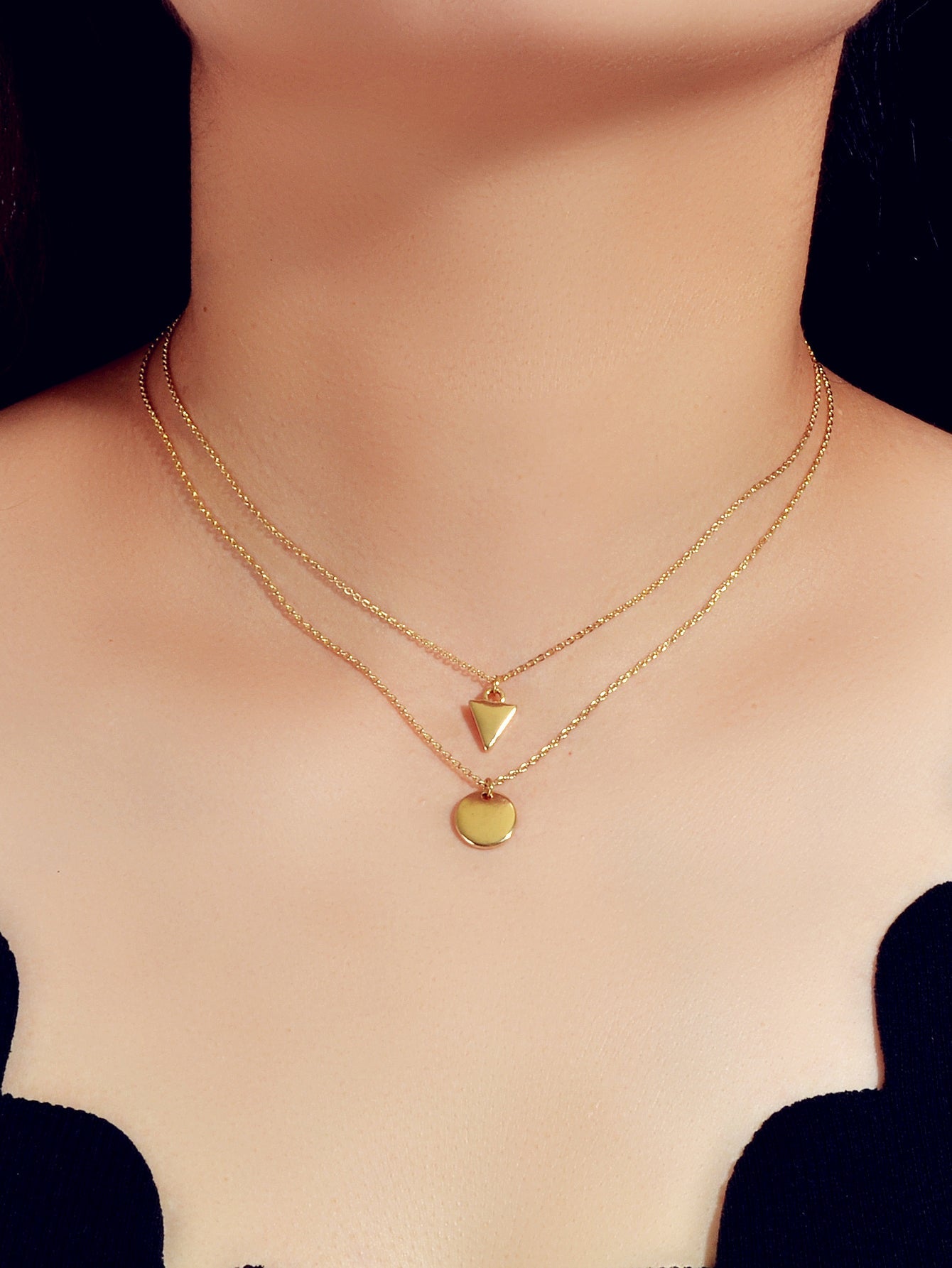 2pcs Minimalist Style Women Accessories Gold Chain Triangle Round Charm Necklace-1