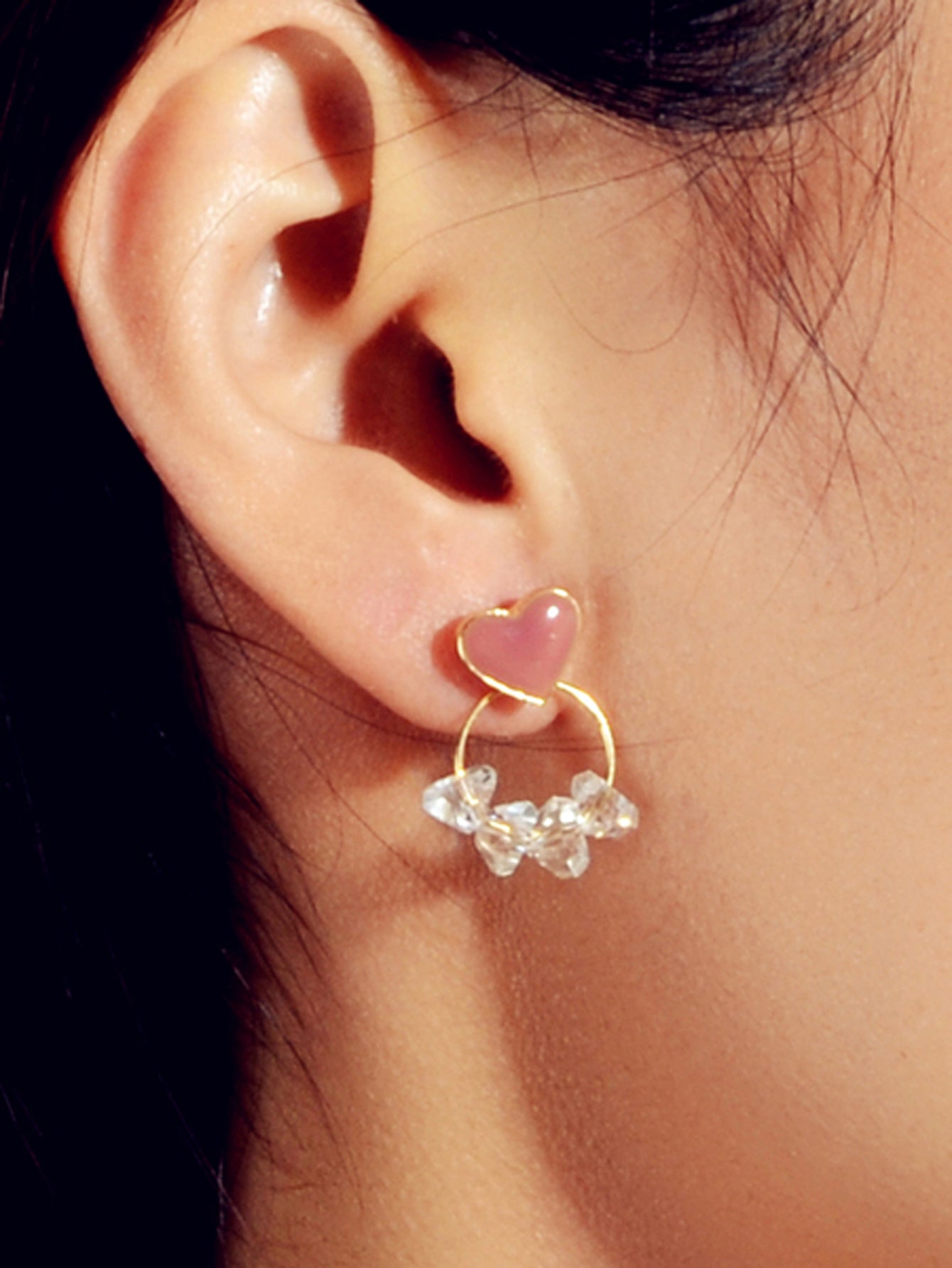 Trendy Ladies Jewellery Transparent Beads Gold Circle Red Heart Stud Earrings-4
