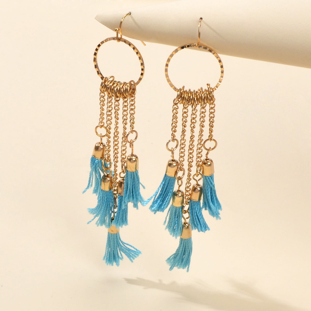 American Jewellery Ethnic Blue Tassel Long Gold Chain Dangle Bohemian Earrings-1